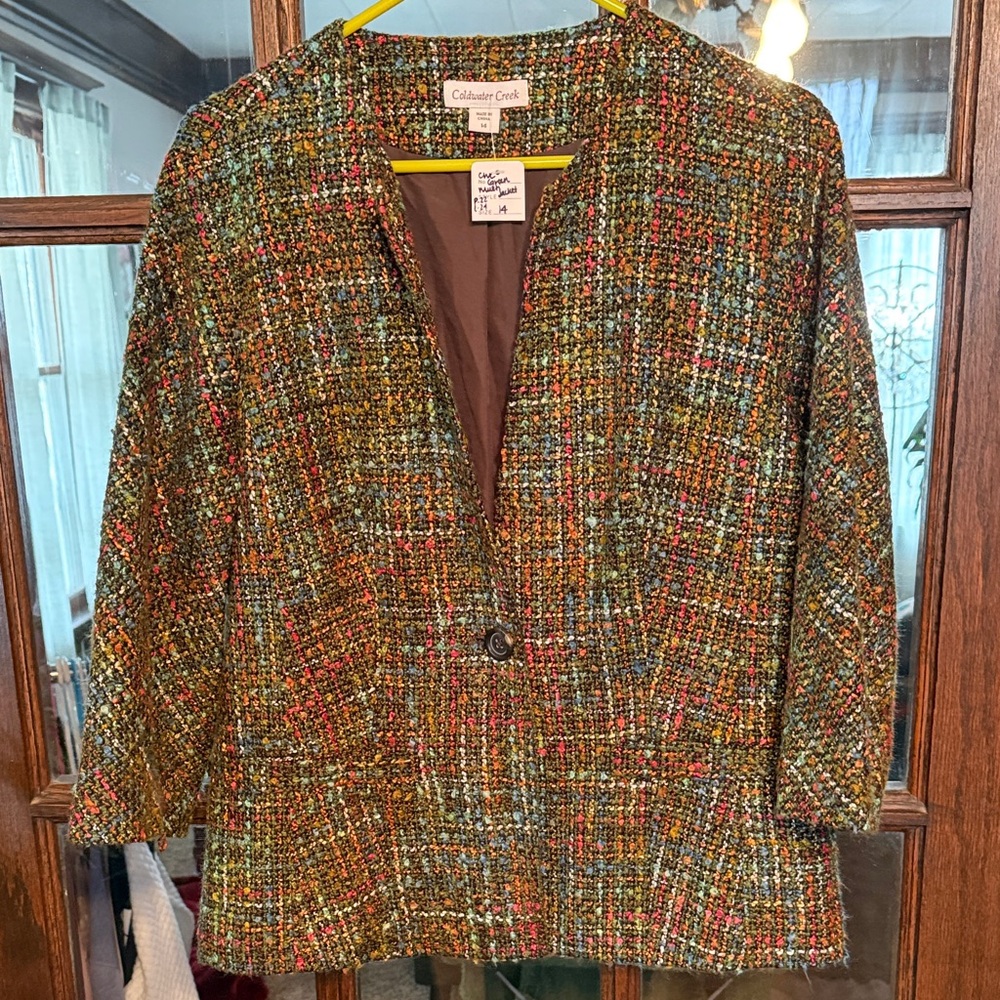 Coldwater Creek Womens Green Multi Tweed Single Button Blazer Jacket Size 14